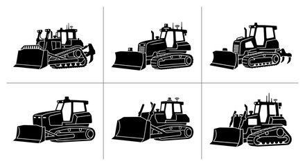 Bulldozer silhouettes set with heavy machinery for construction and industry logos © Sahin