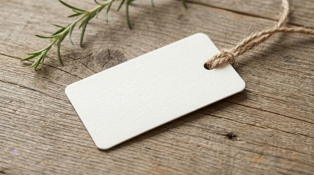 Blank white tag with twine on rustic wooden background for design mockup