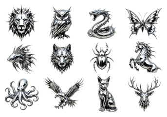 Naklejka premium Black-and-white animal tattoo illustrations collection, PNG, transparent background