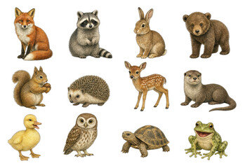Naklejka premium PNG collection of illustrated woodland animals on a transparent background.