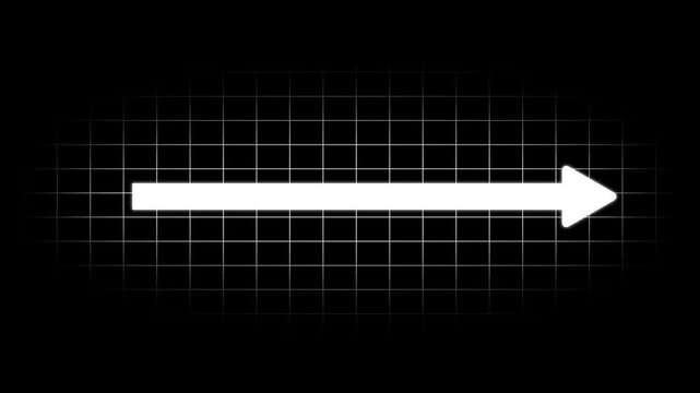 White arrow pointing right on digital grid background, minimalist motion for business presentations and data visualization