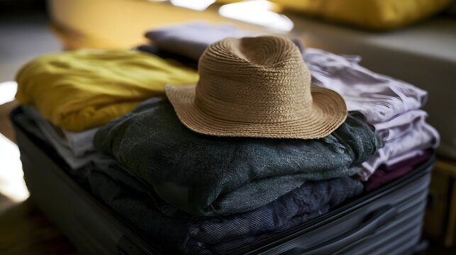 A straw hat rests atop neatly folded clothes in an open suitcase  ready for travel  with warm ambient lighting