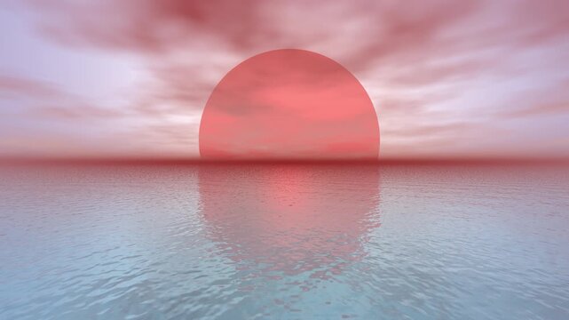 A big red sun is disappearing on the horizon, 3d rendering