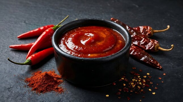 A bowl of spicy red chili sauce with fresh peppers and chili powder on a dark stone table. BBQ condiment ideas