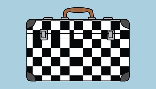 Vintage travel suitcase with black and white checkerboard pattern isolated on blue background
