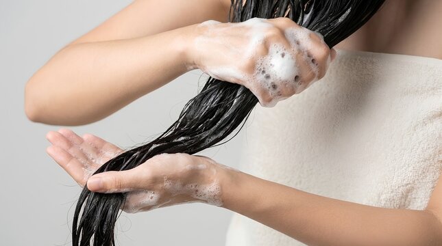 Washing Long Dark Hair with Shampoo Foam Close Up &ndash; Professional Haircare Treatment Product Banner