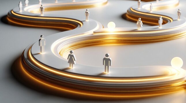 Abstract customer journey map with glowing path, small human icons. Digital flow shows user lifecycle from acquisition to renewal. Business marketing strategy visualization using minimal 3D design