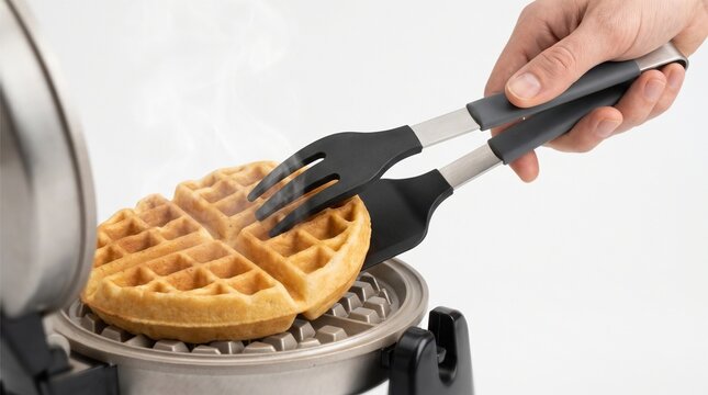 Lifting Hot Steaming Waffle from Iron with Silicone Tongs Close Up &ndash; Modern Cooking Utility Banner