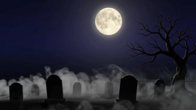 Spooky Halloween night sky motion background featuring a glowing full moon over a misty cemetery with drifting ground fog clouds and bare trees