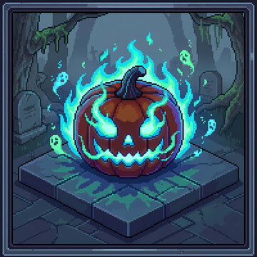 Spooky halloween jack o lantern pumpkin with blue flames pixel art.
