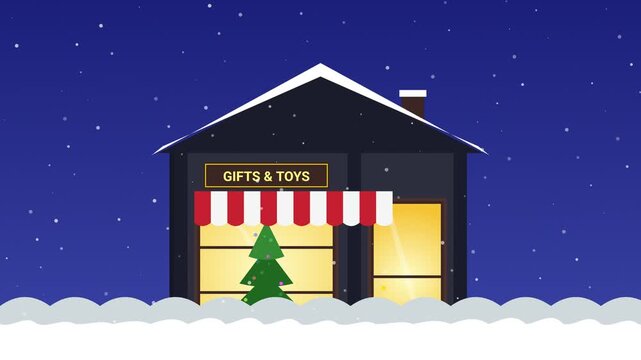 Cozy Christmas toy shop at night with falling snow and a decorated tree inside, flat vector illustration of a winter festive storefront concept.