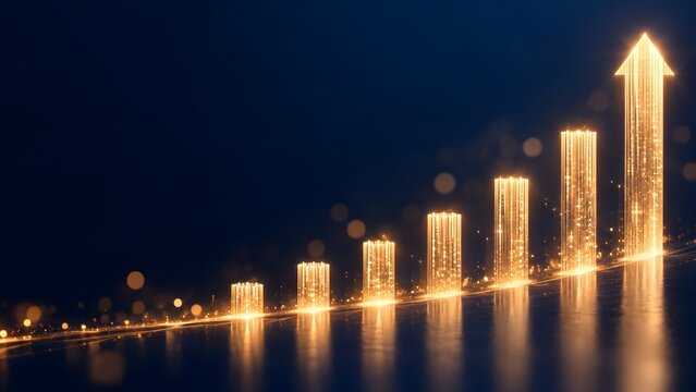 Ascending golden bar chart culminating in an upward arrow representing financial growth and stock market profit success