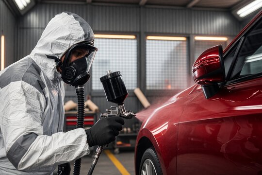 T&eacute;cnico con Mono de Protecci&oacute;n Blanco y Respirador Pintando un Coche Rojo con Pistola de Pintura en un Taller de Chapa y Pintura