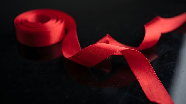 Red satin ribbon unrolling on a dark reflective surface for holiday