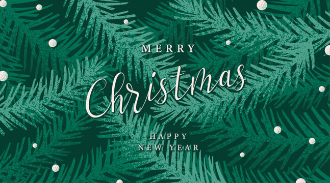 Christmas and Xmas background banner with grainy pine tree branches, snow and happy new year, vector greeting card