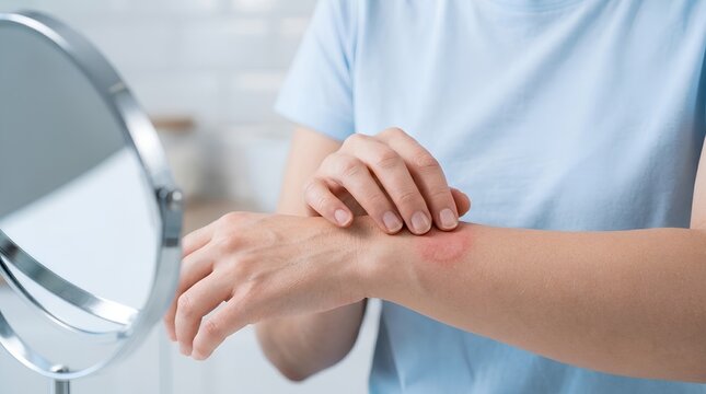 Checking Red Eczema Rash on Forearm Close Up &ndash; Allergy Dermatitis Skincare Medical Healthcare Banner