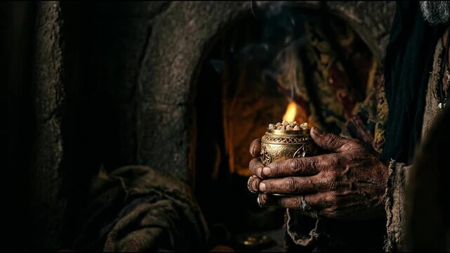 Extreme Close-Up of the Weathered Hands of a Magi Presenting an Ornate Golden Vessel of Frankincense with Celestial Glow and Large Copy Space for Christmas Design