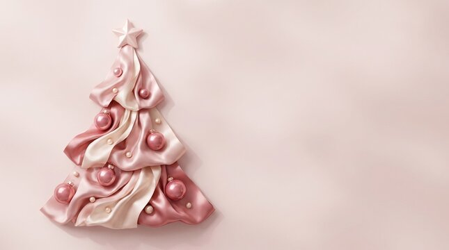 Pink Satin Ribbon Christmas Tree with Ornaments &ndash; Modern Elegant Winter Holiday Greeting Banner