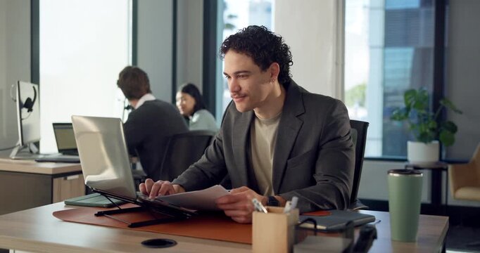 Documents, laptop and research with business man in office for account review, payroll and report. Portfolio manager, budget and online expense claims with employee and paperwork in coworking agency