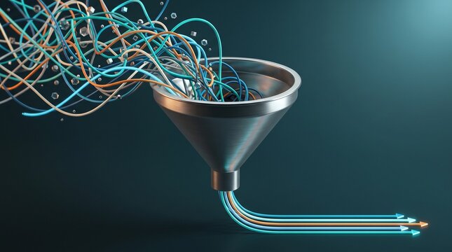 Metallic funnel transforming tangled chaotic cables into organized glowing arrows representing data processing, workflow optimization, filtering, and business efficiency
