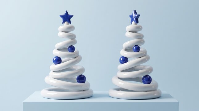 Minimalist Ceramic Christmas Tree Figurines on Podium &ndash; Modern Abstract Winter Holiday Banner