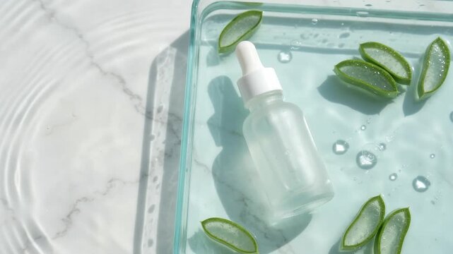 Blank frosted skincare dropper bottle in rippling turquoise water with aloe vera slices and sunlight caustics