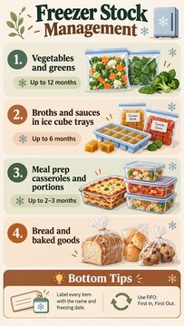Freezer food storage guide with vegetables sauces meal prep and baked goods