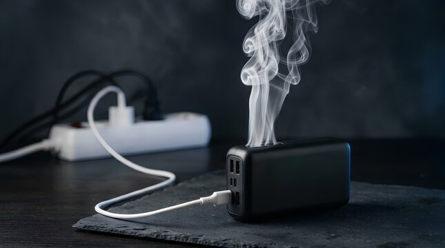 Smoking Power Bank Charging on Cable Close Up &ndash; Electrical Fire Hazard Safety Insurance Banner