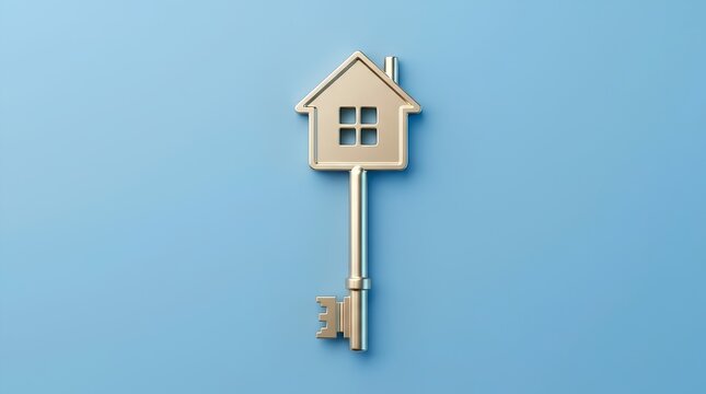 Gold House Key on Pastel Blue Background &ndash; Abstract Real Estate Mortgage Buying Concept Banner