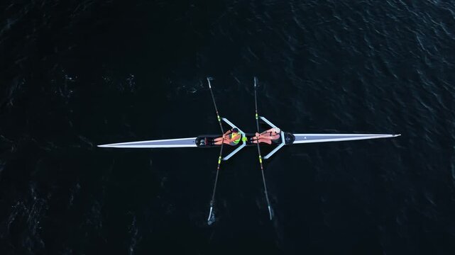 Cinematic drone footage of Halifax Harbour at dawn, with rowing athletes training in both single and two-person racing shells and creating long wakes across the morning water.