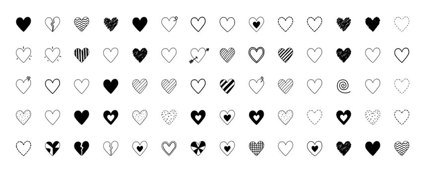 Large collection of fifty hand drawn heart line art icons with diverse textures on black background