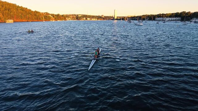 aerial footage of male and female rowing athletes practicing in Halifax Harbour at dawn, with individual and two-person racing boats creating wakes across the calm water.