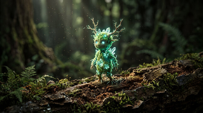 Miniature glowing tree spirit made of moss and crystals in an enchanted forest