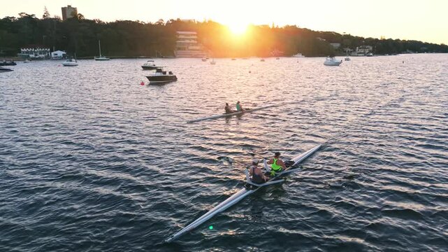 Aerial panorama of a rowing training session in Halifax Harbour, featuring male and female athletes in single and double boats practicing on the water at sunrise.