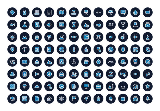 Big bundle of 96 dark round icons with fish and beach bag