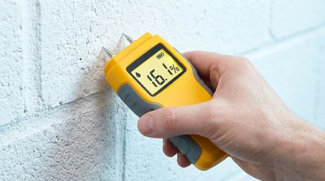 Testing Wall Moisture Level with Yellow Pin Meter Close Up &ndash; Home Inspection Leak Detector Banner