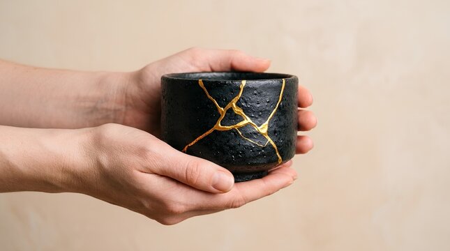 Hands Holding Broken Kintsugi Ceramic Bowl Close Up &ndash; Japanese Art Mental Health Wellness Banner