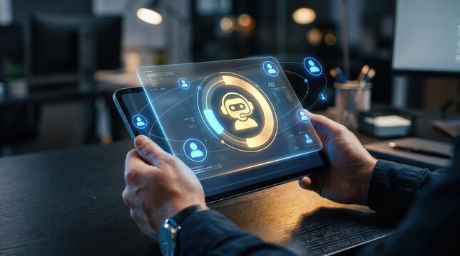 Hands holding digital tablet with holographic HUD showing chatbot assistant icon, featuring artificial intelligence customer service and virtual support concept for tech marketing.