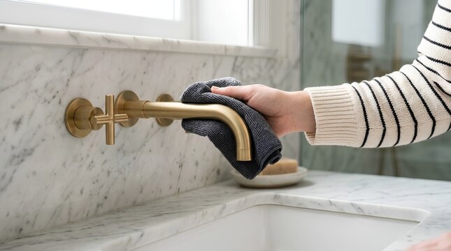 Cleaning Gold Bathroom Faucet with Microfiber Cloth Close Up &ndash; Modern Housekeeping Utility Banner