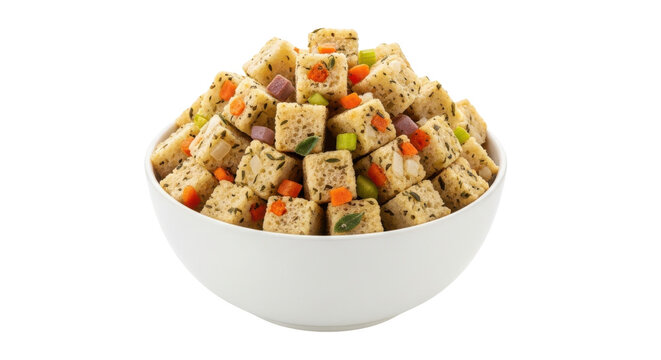 Bowl of seasoned cubed stuffing and croutons with vegetables isolated on white
