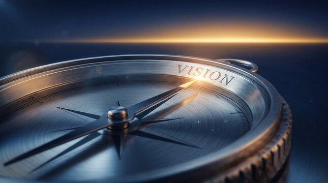 Metallic compass needle pointing to the word vision on a silver dial, leadership direction and strategic planning concept for corporate motivation and business goal setting.
