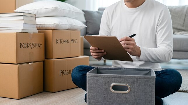Writing Moving Checklist on Clipboard next to Cardboard Boxes &ndash; Home Relocation Organization Banner