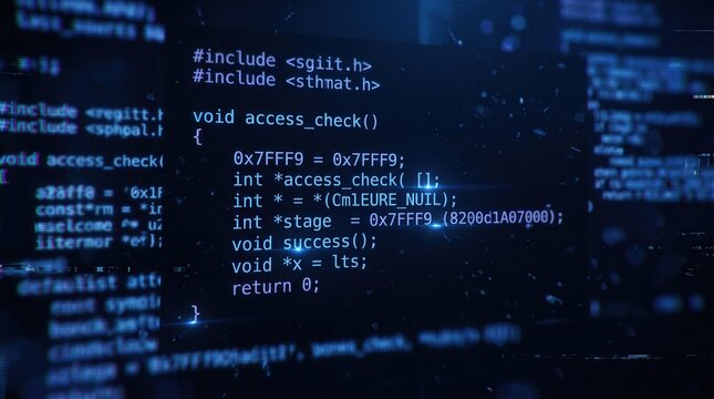 Computer screen displaying software code with C++ syntax and memory addresses. Cybersecurity vulnerability and system access check concept with a dark blue glow for IT security marketing.