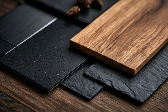 Warm wood and dark stone sample boards in close-up