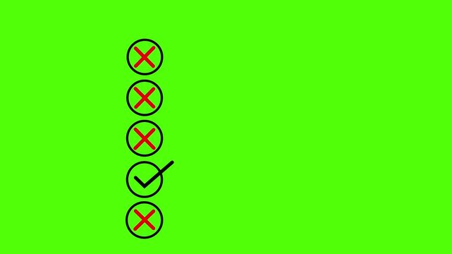Five bullet point multiple choice checklist presentation boxes animation on green background. Red wrong incorrect cross square boxes for rejection,