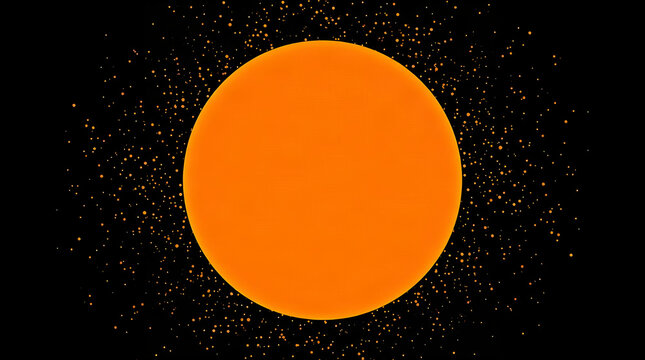 Vibrant orange circle glowing brightly against dark obsidian background surrounded by swirling golden dust particles creating magical cosmic atmosphere with warm ambient illumination shining softly th