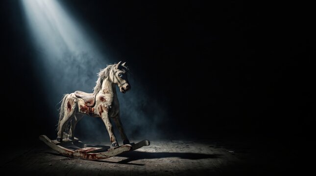 Creepy vintage rocking horse in a dark moody room illuminated by a dramatic spotlight