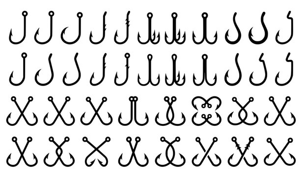 Black fishing hook icons set with single, double, treble and crossed hooks silhouette