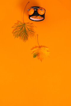 Autumn vertical background with orange alarm clock and dry maple leaves on vibrant orange paper. Flat lay seasonal fall concept with large copy space for text, time change or daylight saving time.