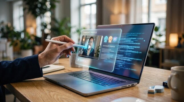 Hand using stylus to interact with holographic candidate profile on laptop, capturing digital recruiting and virtual job interview concept for modern HR technology and recruitment marketing.